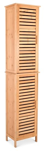 Raburg Badezimmerschrank & Hochschrank, Bambus, 2 Türen & 6 Fächer, 190 x 40 cm, Badregal aus Holz & Hochschrank mit 2 Lamellentüren für Badezimmer, Flur oder Küche Kivo