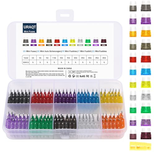 URAQT Sicherungen Set, 55 Stücke Mini Auto Sicherung mit Aufbewahrungskoffer und Sicherungsabzieher Sortiment Klinge Sicherung für Auto Lkw Sicherungen Kfz (2A,3A,5A,7,5A,10A,15A,20A,25A,30A,35A,40A)