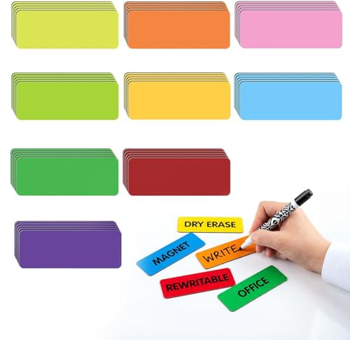 RDTOK 72 Stück Magnetstreifen Beschreibbar 60x20mm, Bunte Magnetschilder zum Beschriften, Wiederverwendbare Magnetische Etiketten für Whiteboard, Kühlschrank und Magnettafel, 9 Farben