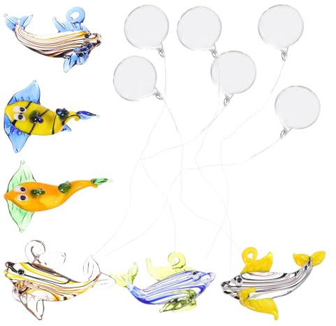 FRCOLOR Lot de 6 Pendentifs Poissons Flottants en Verre Coloré, Décoration Aquarium Miniature, Ornement Intérieur pour Bassin et Étang, Accessoires Couleur Aléatoire Plusieurs Styles
