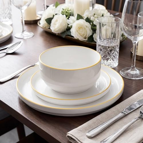 Waterside 12pc Yellow Rim Porcelain Dinner Set | 4 Dinner Plates, 4 Side Plates, 4 Deep Bowls, Stacking Design, Dishwasher & Microwave Safe