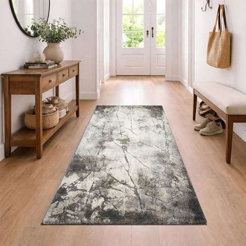 CARPETIA Teppich Flur Läufer Marmor Steinoptik Teppich Creme Grau modern weich kurzflor pflegeleicht hochwertig 80 x 150 cm