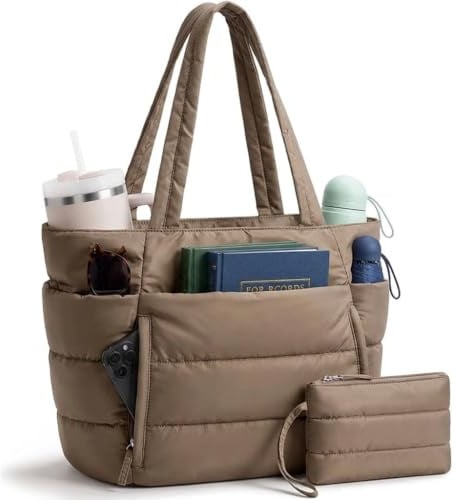 Damen Shopper Tasche Leicht Handtasche, 20L Große Gesteppte Puffer Tote Bag mit Vielen Fächern & Reißverschluss, 15,6 Zoll Laptopfach Arbeitstasche Schultasche für Büro Uni Reisen (Kaffeebraun)