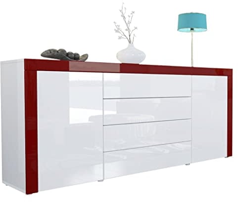 Vladon Sideboard Kommode La Paz, Made in Germany, Korpus in Weiß Hochglanz/Front in Weiß Hochglanz mit Rahmen in Bordeaux Hochglanz