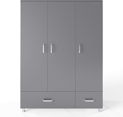 Miami 3-türig 2 Türen mit Soft-Close und 1 Schublade mit Vollauszug, Inkle Kleiderschrank und Einlegeböden, Holz, hellgrau metallic, 52 x 146 x 200 cm