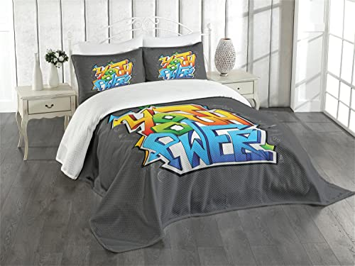 ABAKUHAUS Jugend Tagesdecke Set, Graffiti-Kunst-Jugendnetz, Set mit Kissenbezügen Waschbar, für Einzelbetten 170 x 220 cm, Schwarz Grau
