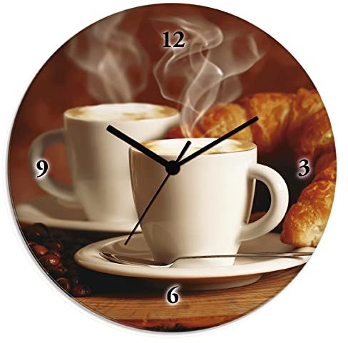 ARTLAND Wanddeko Wanduhr ohne Tickgeräusche Glas Funkuhr Ø 30 cm Rund Lautlos Dampfender Cappuccino und Croissant