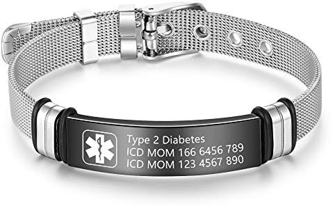 Smileface Personalisiertes Medizinisches Armband für Frauen und Männer, Edelstahl, Einstellbar, Gravierbar, Notfall-Informationen, Silber