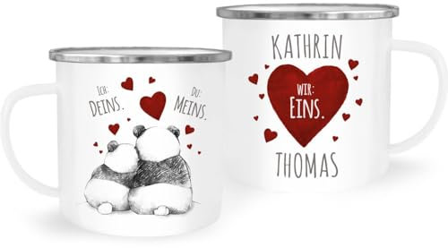 SpecialMe® Emaille-Tasse Ich Deins, Du Meins, Wir Eins. Panda-Bär anpassbar mit Namen personalisierte Liebesgeschenk weiß-metall Emailletasse