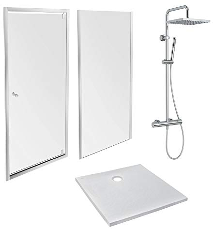 Jacob Delafon E63149-WPM Pack Douche IPSO (Receveur 90x90 + Porte pivotante et Retour Fixe + Colonne), Blanc, Chrome et Verre Transparent