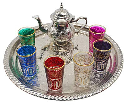 Juego de té marroquí, tetera con patas de 400 ml, bandeja sin patas de 39 cm diámetro y 6 vasos de colores