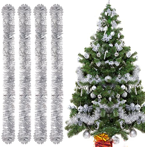 Ghirlanda Albero di Natale, 4PCS Festoni Natalizi, 3M Festoni Albero di Natale, Ghirlanda Orpelli Natalizia, Ghirlanda Natalizia per Albero Natalizie Decorazioni Casa Interno Esterni (Argento)