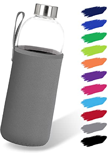 NOMA Glasflasche 1 Liter mit Neoprenhülle | Trinkflasche aus Glas in 500ml, 600ml & 1000ml mit Schutzhülle und Edelstahldeckel | Wasserflasche für Sport, Büro, Schule & Outdoor | Grau