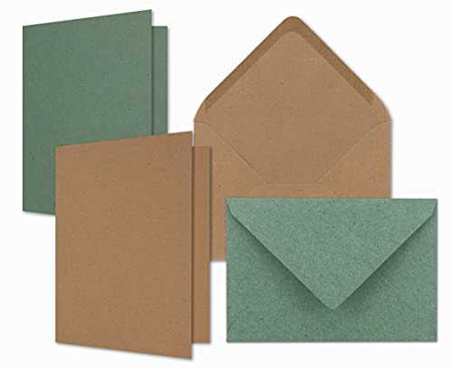 60x Kartenpaket Kraftpapier DIN A6 / C6 in Braun und Eukalyptus (Grün) - Natur Faltkarten mit Falz A6 10,5 x 14,8 cm & Umschläge C6 11,4 x 16,2 cm