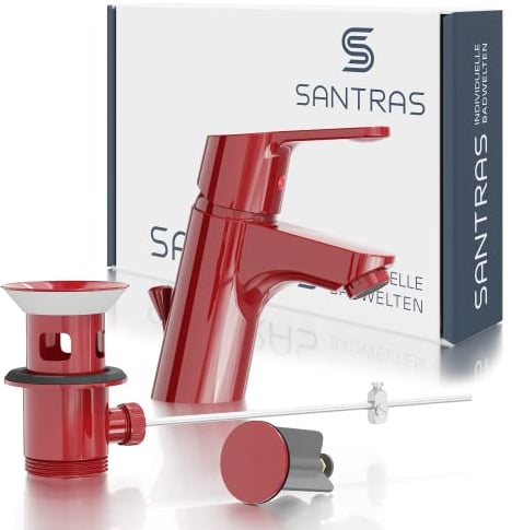 SANTRAS® Waschtischarmatur für das Bad mit Zugstange in Rot (RAL 3003) – Einhebel-Mischarmatur warm kalt für ein Loch Waschbecken Wasserhahn MADE IN GERMANY