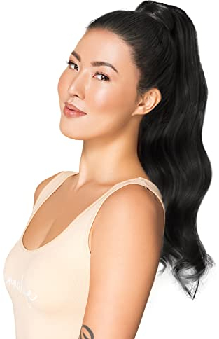 WENNALIFE Ponytail Extension, 45cm 80g Tief Schwarz Pferdeschwanz Haarteil Ponytail Extension Echthaar Clip in Wickeln Sie um Remy Ponytail Echthaar