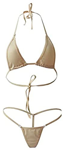 Femme Maillot de Bain Deux Pièces Sexy Brésilien Bikini Slim String Tanga Ensemble Lingerie Swimwear De Plage Micro Mini Bra Triangle String Bikini Femmes 2 Pieces Brun Clair (1 Set)