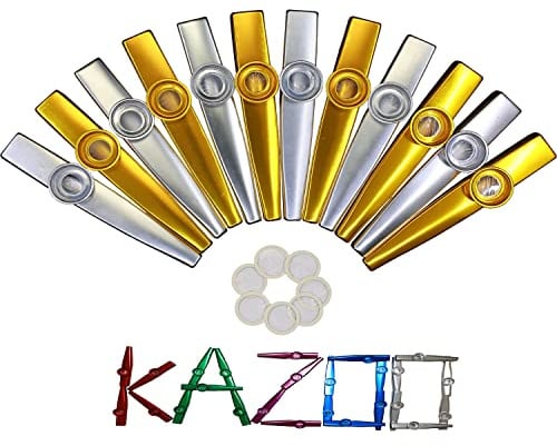 Crystaljun 12 Stück Kazoos aus Metall in Gold und Silber mit 20 Kazoo-Flötenmembranen, Musikinstrumente, gutes Geschenk für Kinder, ein guter Begleiter für Gitarre, Klaviertastatur, Ukulele, Violine.
