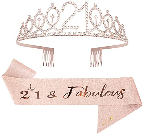 Mikccer Rose Gold 21st Birthday Sash and Tiara - Rhinestone Crown Headband for Gifts, Decoration Party Accessories for Girls Women