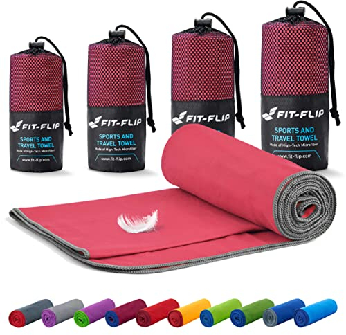Fit-Flip Mikrofaser Handtuch - kompakt, leicht und schnelltrocknend - Microfaser Handtücher - als Reisehandtuch, Sporthandtuch, Strandtuch und Badetuch groß (100x200cm, Koralle - Grau)