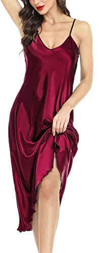 Lovasy Satin Nightdress for Women UK Long Negligees Strap Chemise Silk Nighties for Women V Neck Full Slips Sleepwear Nightwear,Purplish Red,L