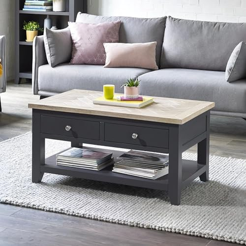 Julian Bowen Bordeaux Coffee Table, 2 Drawer, Dark Grey/Oak - H50 x W100cm | Traditional Centre Table for Living Room, Solid Oak & Veneers, No Assembly Needed, Space-Saving Design