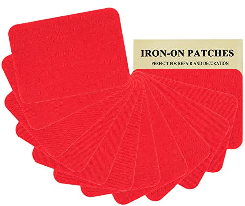 12 Pieces Red Premium Quality Fabric Iron-on Patches, Strong Glue, 100% Cotton Repair Decorating Kit, Size 3 x 4-1/4 (7.5 cm x 10.5 cm)