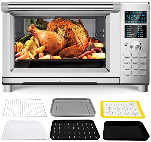 Nuwave Bravo Air Fryer Toaster Oven Combo, 12-in-1 Smart Convection Ovens Countertop 30QT with Integrated Digital Temperature Probe, Tray, Basket, Fry Rack and Recipes