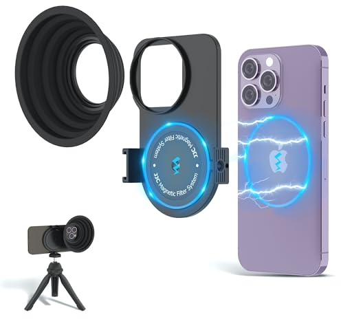 JJC Magnetischer Objektivfilter-Adapter für iPhone 13 Pro Max 14 Pro Max 15 Pro Max mit MagSafe-Hülle, magnetischer Filterfuß mit Kaltschuh-Halterungen und Silikon-Gegenlichtblende (Filter nicht im