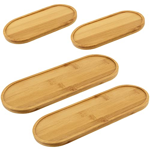 ZOENHOU 4 PCS Oval Bamboo Tray, 2 Sizes Wood Serving Plate Small Tea Tray, Solid Wood Serving Platter Wooden Tray for Tea or Coffee, Coaster, Dessert, Succulent Tray, 17.5x 8.8CM & 28 x 10CM