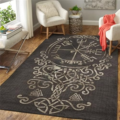Teppich Kurzflor Wikinger Runen Mythos Odin Krähe Wolf Muster Flanell Flauschig Weich rutschfest Teppiche Wohnzimmer Kinderzimmer Deko Schlafzimmer Flur Läufer Indoor Carpet Spielteppich 100x200 cm