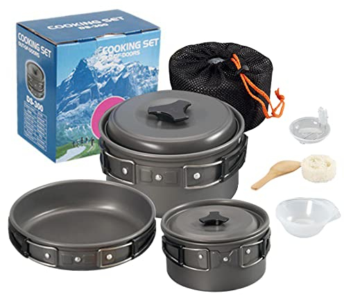 Taruor Cookware Kit Camping Kochgeschirr Set Topf Bratpfanne Antihaft Leichte Stapelbare Aufbewahrungstasche Geeignet für 2-3 Personen Outdoor Utensilien