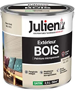 Julien Peinture Bois Microporeux Extérieur Satin - Portes, fenêtres, portails, mobilier de jardin - Blanc Perle 2,5 L