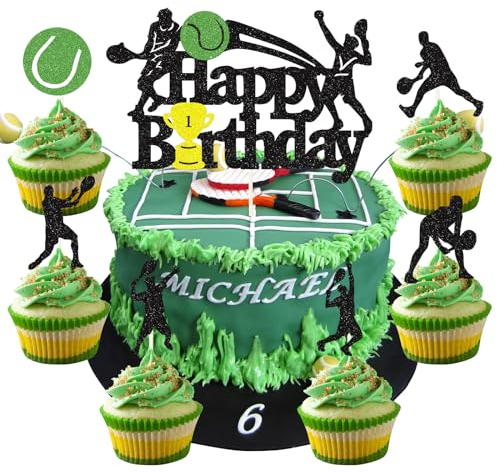 25 Stück Tennis Tortendeko Ball Cupcake Topper Alles Gute zum Geburtstag Cake Topper Sport Kuchen Dekoration für Sport Thema Mann Junge Mädchen Party Dekoration Geburtstagsparty