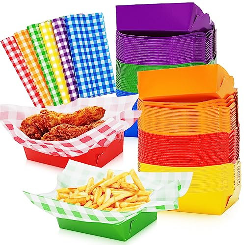 Whaline 240Pcs Rainbow Paper Food Trays Set with Plaids Deli Paper Sheets Colorful Disposable Food Trays Greaseproof Deli Paper Neon Birthday Party Treats Food Boats for Nacho Hot Dog Taco Fries