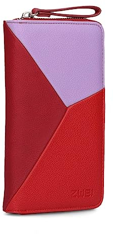 Zwei Damen Geldbörse JANA J2 Wallet 20 x 11 cm hochwertiges Kunstleder im Tricolor-Design, Portemonnaie mit 12 Kartenfächern, Münzfach, Sichtfach für Ausweise, mit umlaufenden Reißverschluss (Cherry)