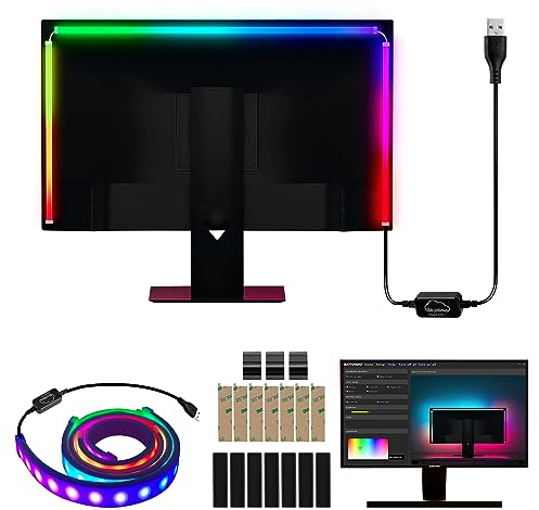 Sonnewelt Neon LED Strip 2 Stück RGBIC Gaming PC Monitor Hintergrundbeleuchtung USB RGBIC LED Streifen für 32 Zoll PC,Smart Gaming Light mit skydimo App-Steuerung, Sync für Spiele,Musik,Filme