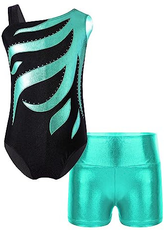 iEFiEL Mädchen Glitzer Turnanzug Ärmellose Leotards Rückenfrei Ballettanzug mit Strass Ballettkleidung Gymnastikbody Tanzkostüm Va Blau Grün 122-128