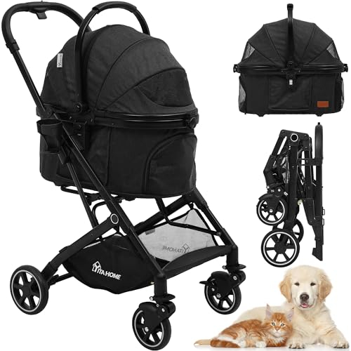 YITAHOME Dog Pram, Pet Stroller, Foldable Dog Pushchair for Medium Dog 15kg, Dog Buggy with Detachable Carrier Storage Basket, Cup Holder, Pet Carrier on 4 Wheels (Black)