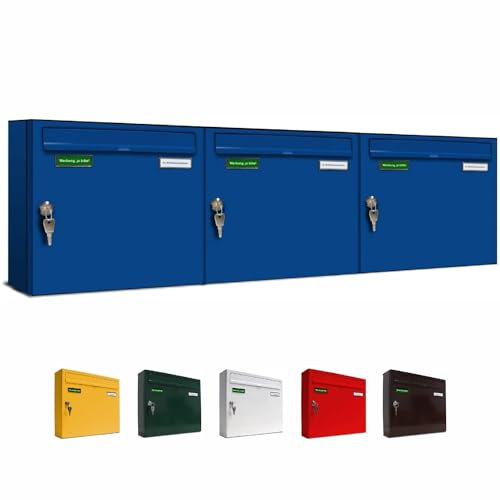 AL Briefkastensysteme Basic 3er Briefkasten RAL 5010 Enzian Blau 3 Fächer DIN A4 wetterfest Briefkastenanlage mit Posthaltebügel und 2 Namensschildern