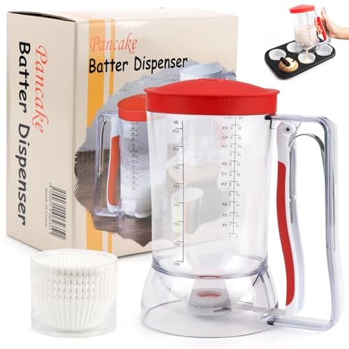 Mumjooyi Distributeur de Pâte à Crêpes 900 ml Distributeur de Pâte à Gâteau avec Couvercle et Graduation avec 100 caissettes en papier pour Cupcakes Crêpes Muffins Gâteaux Gaufres