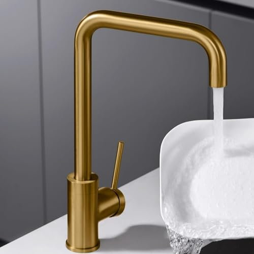 IMEX - Grifo de Cocina Alto | Grifo Monomando Fregadero | Griferia de Cocina | Grifo en Latón con Tecnología PVD | Serie Loira | Color Oro Cepillado