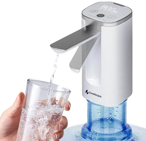 GentleJet Automatic Water Dispenser Pump for 5 Gallon Bottle - Digital Display, Type-C USB Charging, Portable Electric Water Pump, Foldable Spout, Quantitative & Continuous Water Dispensing (White)
