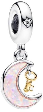 BEEUVIP Damen Doppel Ton Schlüssel und Mond Anhänger Charm Anhänger für Armband 925 Sterling Silber Geburtsstein Charms Beads