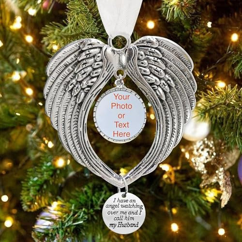 LYPER Christmas Memorial Ornaments, Sympathy Gift with Photo Frame, 'I Have an Angel Watching Over Me', Angel Wings Christmas Tree Hanging Pendant for Loss of Loved One (Husband)