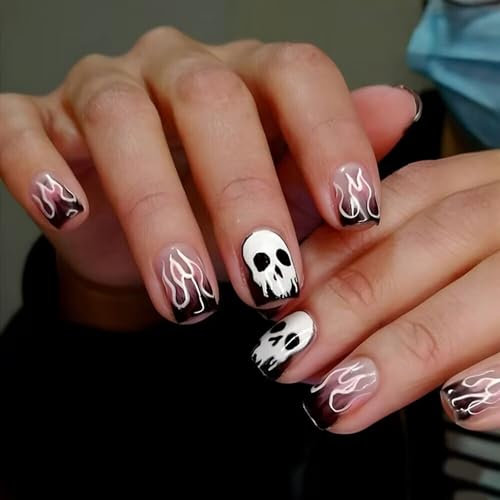 Press on Nails, Halloween False Nails Set, 24PCS Short Black False Nails with Glue, Flame Ghost Pattern Removable Glue-on Fake Nails, Halloween Punk Gothic Nail Art Gifts for Women