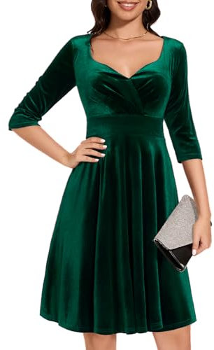 Womens Long Sleeve Velvet Dress Vintage Cocktail Party Winter Formal Midi Dress V-Dark Green L