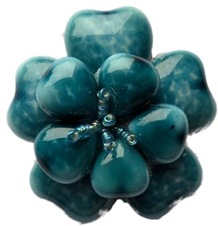 Broche fleur coeur en porcelaine et perles de verre - Bijou fantaisie (Turquoise)