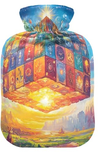 Magic Cubes Colorful Hot Water Bottle Hot or Cold Water Bottle with Soft Cover Hot Water Bag for Neck and Shoulder Pain Relief, 2 Liters