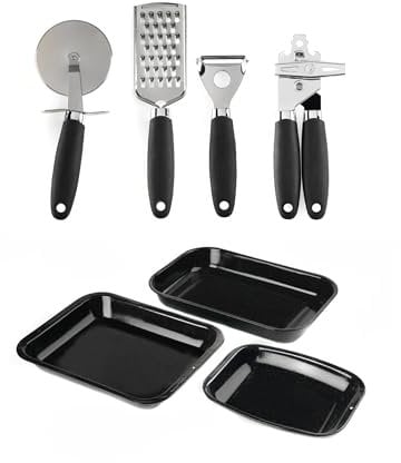 Russell Hobbs 7-Piece Roaster & Utensil Set – Set of 3 Large Roasting Trays, Enamelled Carbon Steel, Set of 4 Kitchen Gadgets, Y-Peeler, Can Opener, Pizza Cutter & Grater, Black